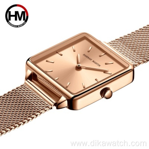 Hannah Martin Watch Women 1 Set Bracelet Japan Movement Simple Fashion Ladies Watch Rose Gold Steel Mesh Square Dial Reloj Mujer